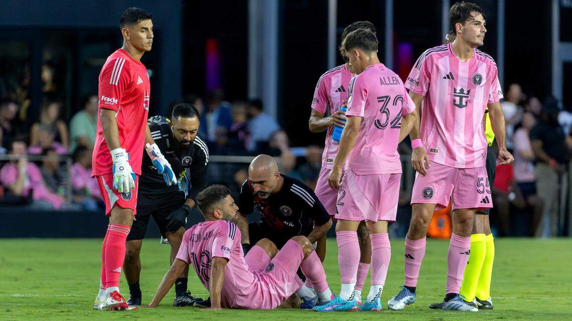 Inter Miami defender Jordi Alba (18) receives medical attention on the field after sustaining an injury during the first half of an MLS match against CF Montréal at Chase Stadium on Wednesday, May 28, 2025, in Fort Lauderdale, Fla.