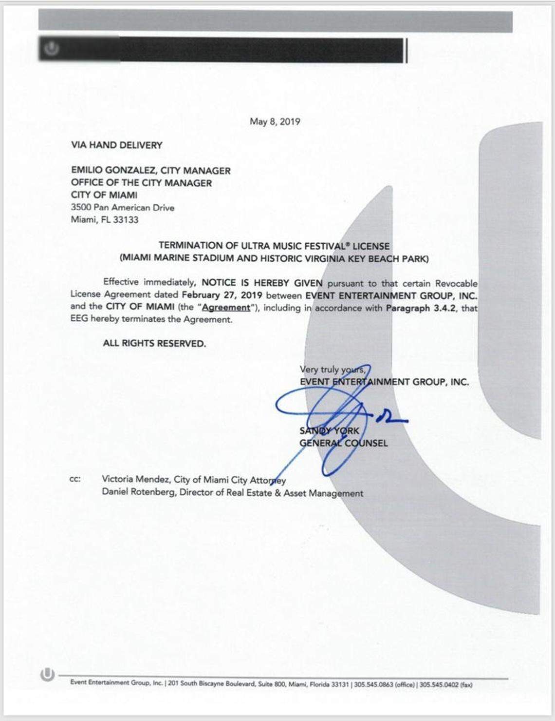 Ultra’s notice revoking its contract with the city of Miami.