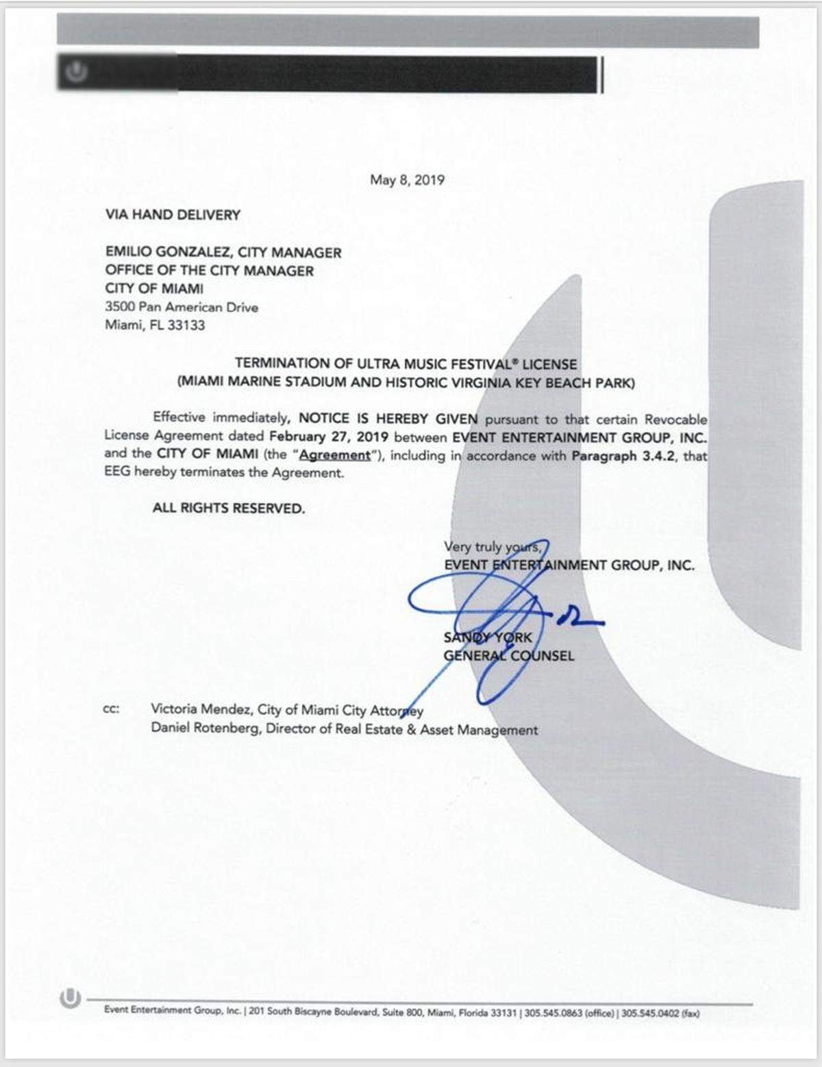 Ultra’s notice revoking its contract with the city of Miami.