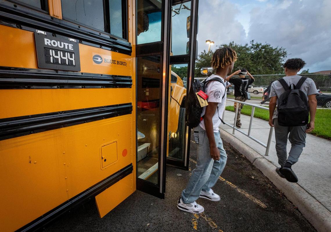 Coconut Creek, August 21, 2023 - Students arrive at Monarch High School for the first day of school in Broward County.