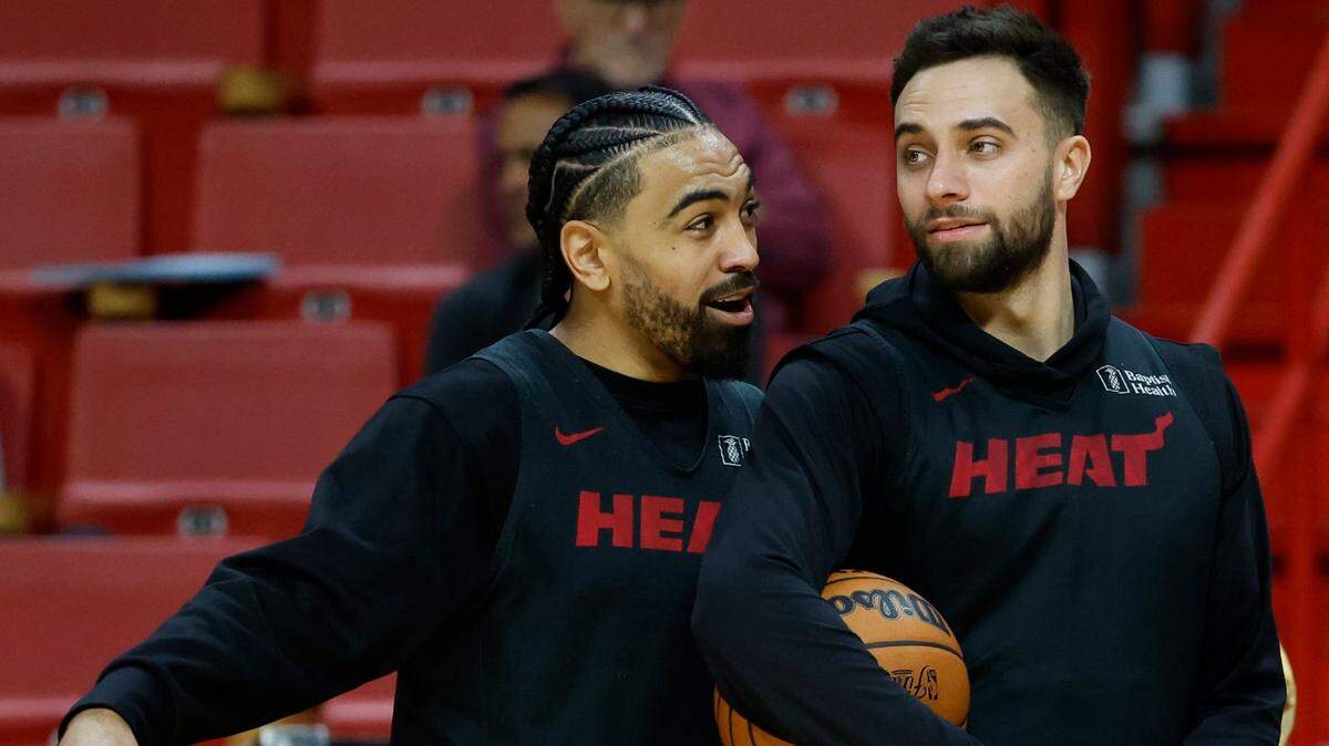 Miami Heat’s Gabe Vincent (2) and guard Max Strus (31) interact during practice at the NBA Finals media day on Tuesday at Kaseya Center on Tuesday, June 6, 2023.