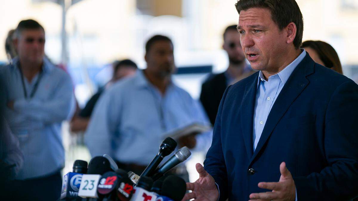 Florida Governor Ron DeSantis speaks during a press conference near the Champlain Towers South Condo building in Surfside, Florida on Saturday, July 3, 2021.