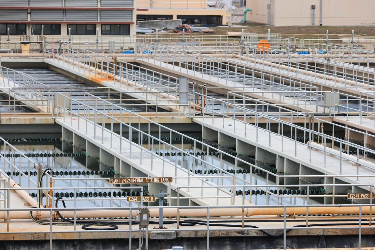A view of the settling tanks, made to remove solids from wastewater, at the Central District Wastewater Treatment Plant in Virginia Key, Florida, on Thursday, Jan. 16, 2025.