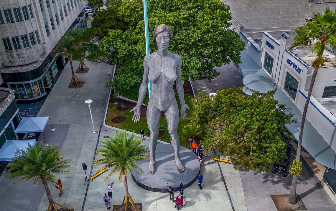 View of the R-Evolution, a 45-foot-tall, 32,000-pound kinetic sculpture by artist Marco Cochrane on Lincoln Road Mall, placed in Novemeber 2023. The art piece will remain on the mall until April 2024.
