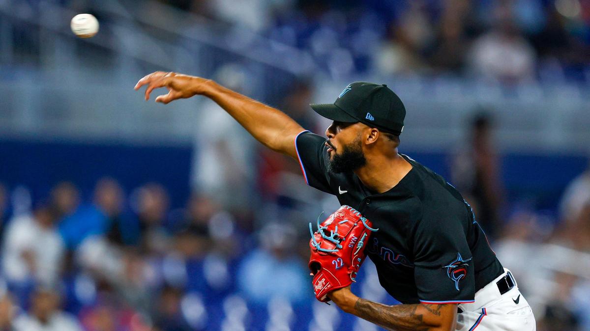 Miami Marlins pitcher Sandy Alcantara (22) throws the ball during the first inning of an MLB game against the Philadelphia Phillies at loanDepot park in the Little Havana neighborhood of Miami, Florida, on Friday, July 15, 2022.