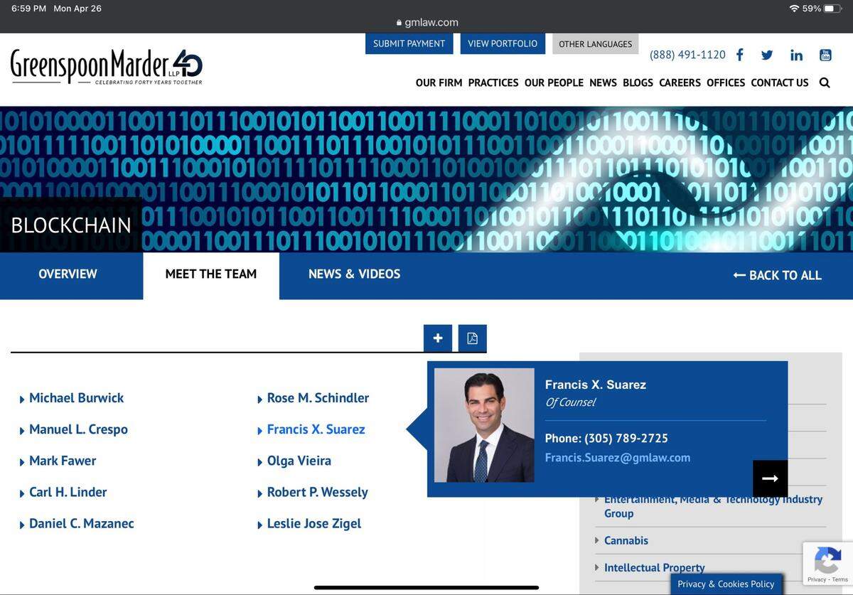 This screenshot of law firm Greenspoon Marder’s website was taken Monday, April 26, 2021. It shows Miami Mayor Francis Suarez as a member of the firm’s cryptocurrency practice. Suarez and the firm’s management said this was a mistake, and the mayor does not practice law in this area for the firm.