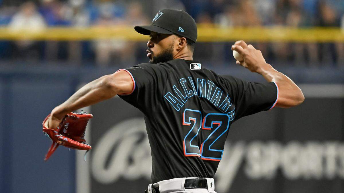 Miami Marlins starter Sandy Alcantara pitches against the Tampa Bay Rays during the first inning of a baseball game Saturday, Sept. 25, 2021, in St. Petersburg, Fla.