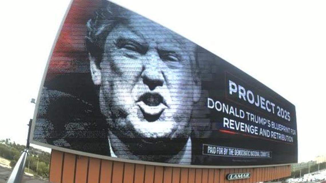 Digital billboard near July 9, 2024 Doral rally linking former President Donald Trump to the Heritage Foundation’s Project 2025.