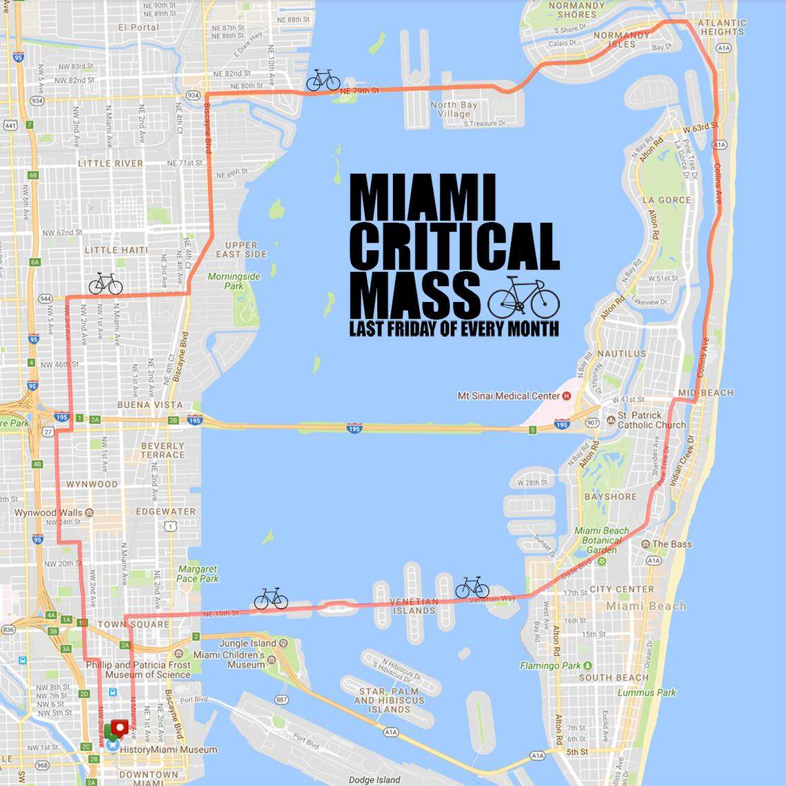 The Critical Mass ride on July 27, 2018, meets at the Government Center in downtown Miami and will follow this route through Overtown, Wynwood, Little Haiti, Upper East Side, North Bay Village, North Beach, Miami Beach, Venetian Islands and downtown Miami.