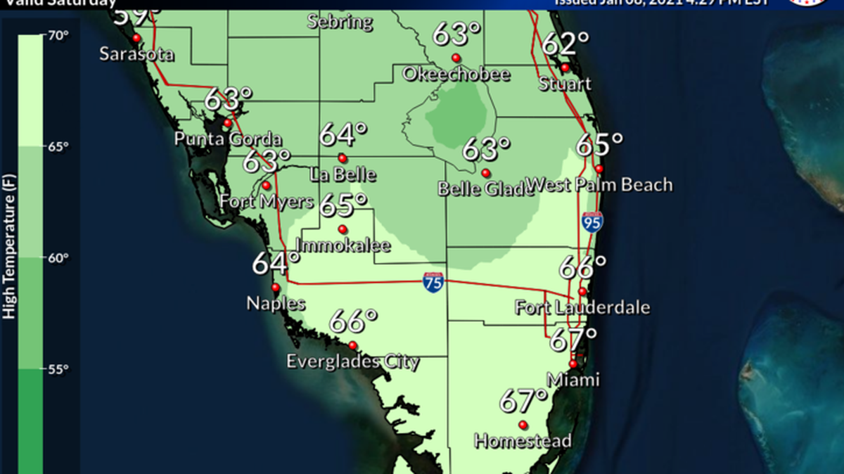 Broward County will be under a cold weather emergency overnight Saturday as the National Weather Service predicts temperatures in the high 30s and low 40s.