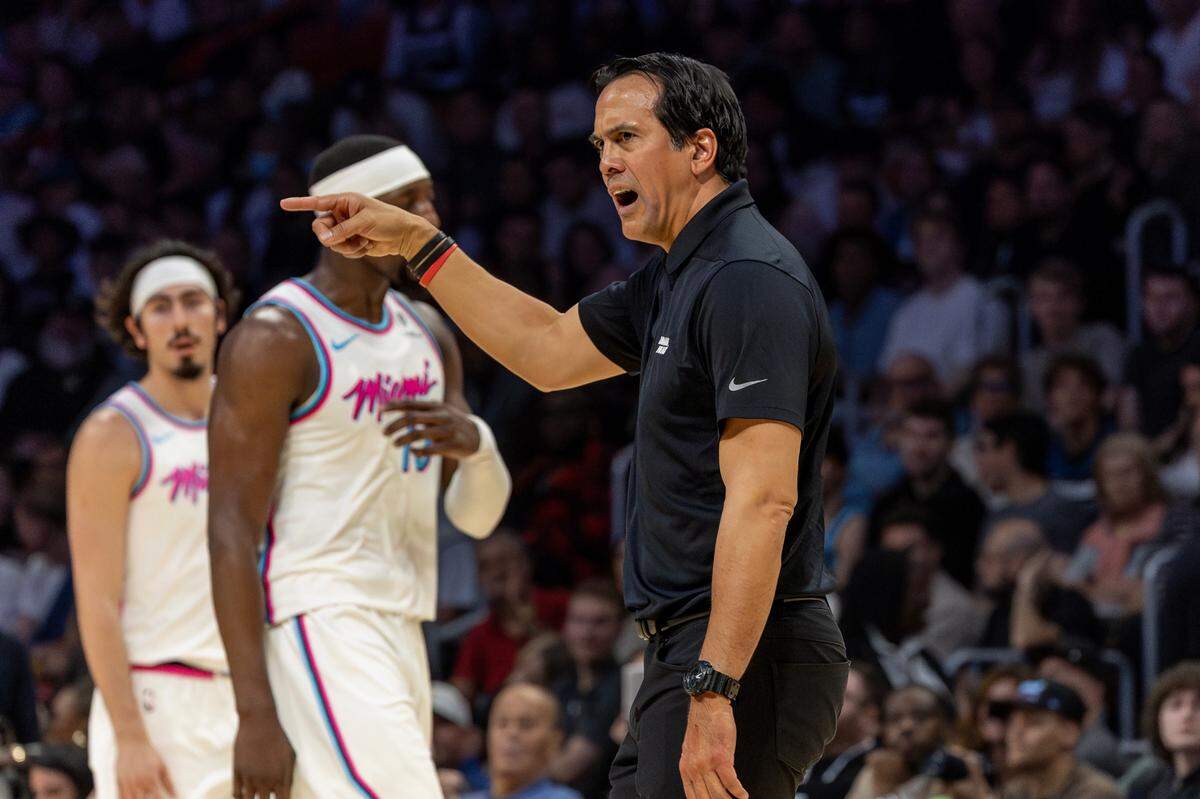Miami Heat head coach Erik Spoelstra challenges a play during the second half of their NBA game against the Minnesota Timberwolves at Kaseya Center on Friday, March 7, 2025, in Miami, Fla.