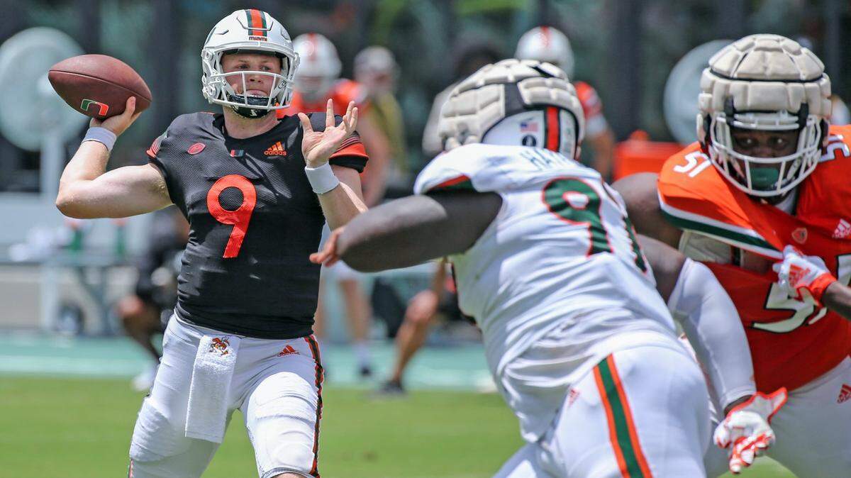Miami Hurricanes quarterback Tyler Van Dyke (9) sets up to pass during the University of Miami spring game at DRV PNK Stadium in Fort Lauderdale, Florida on Saturday, April 16, 2022.