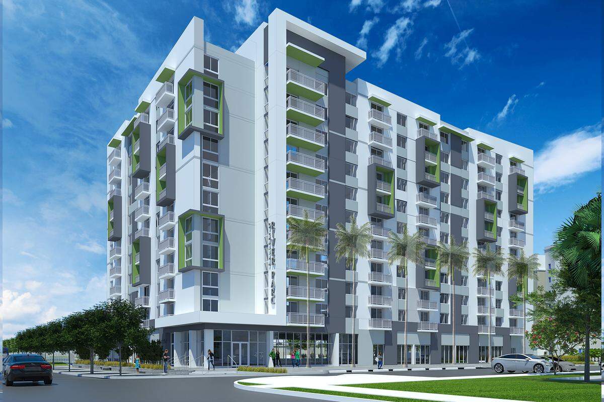 Architectural rendering of the Gallery at River Parc apartment building, which will offer 150 units near Marlins Park. 30 of the apartments will be designated affordable housing. The rest will be workforce housing.