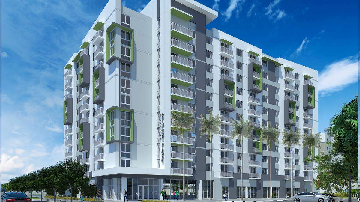 Architectural rendering of the Gallery at River Parc apartment building, which will offer 150 units near Marlins Park. 30 of the apartments will be designated affordable housing. The rest will be workforce housing.
