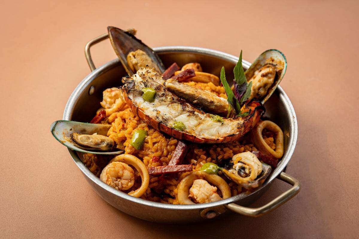Seafood paella at Solei Beach Club at the Kimpton Surfcomber Hotel in Miami Beach.