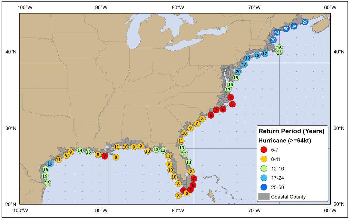 This graphic crunches historic data to show how often places along the U.S. coast are hit by a hurricane. In South Florida’s case, a storm makes landfall on average every 6 or 7 years.