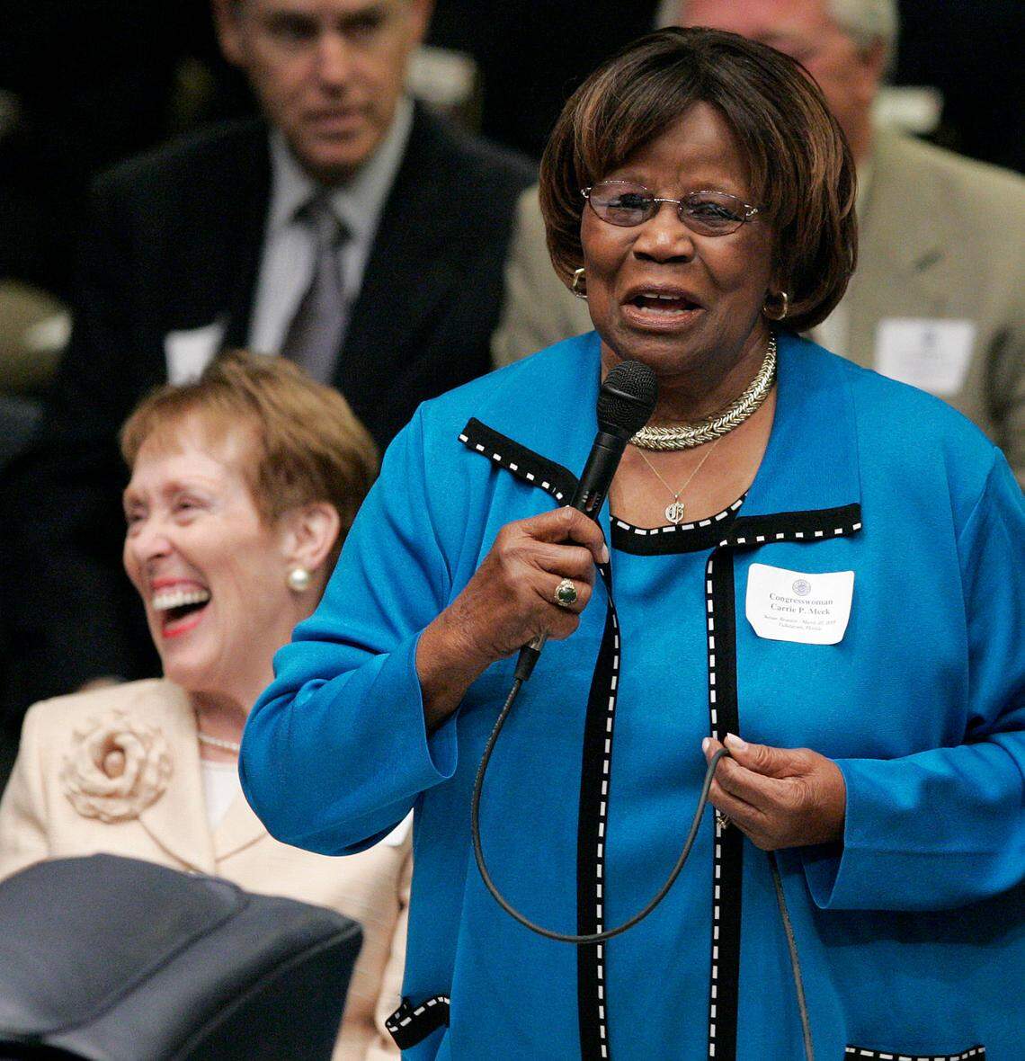 Former senator, Carrie Meek cracks up Betty Castor, left as she recalls her time serving in the legislature on senate reunion day in 2008 in Tallahassee.