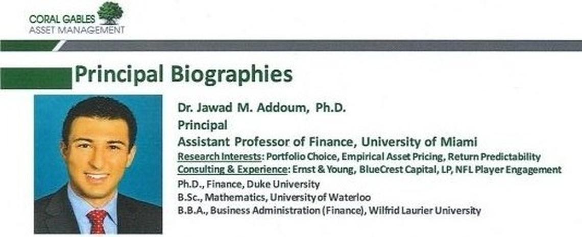 The top of then-University of Miami Assistant Professor of Finance Dr. Jawad Addoum’s Coral Gables Asset Manaement bio.
