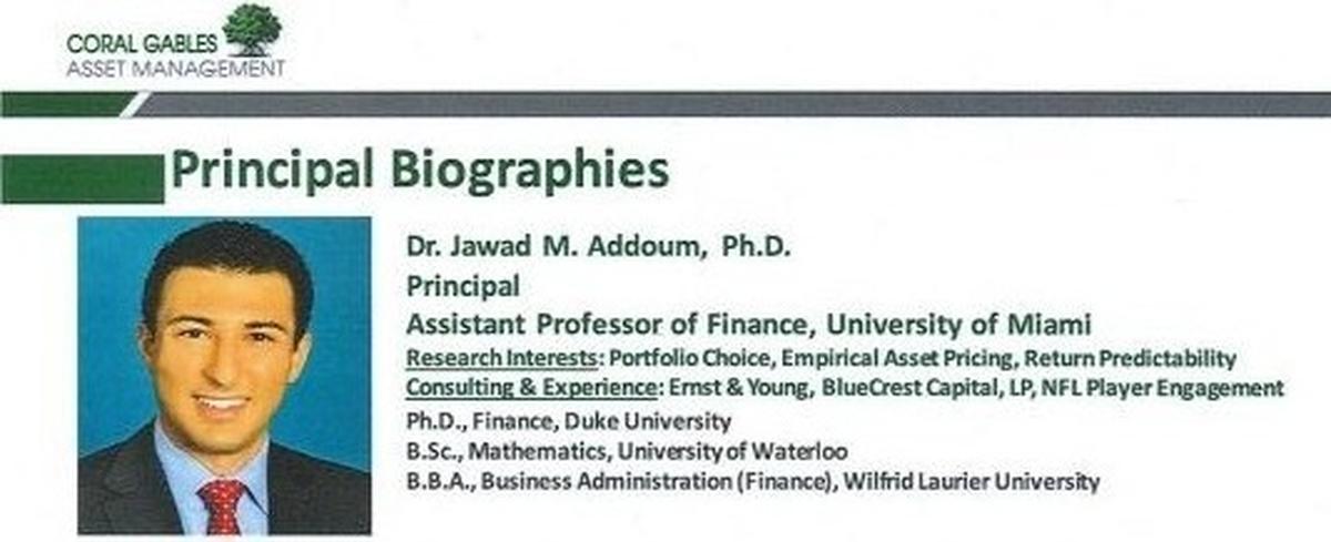 The top of then-University of Miami Assistant Professor of Finance Dr. Jawad Addoum’s Coral Gables Asset Manaement bio.