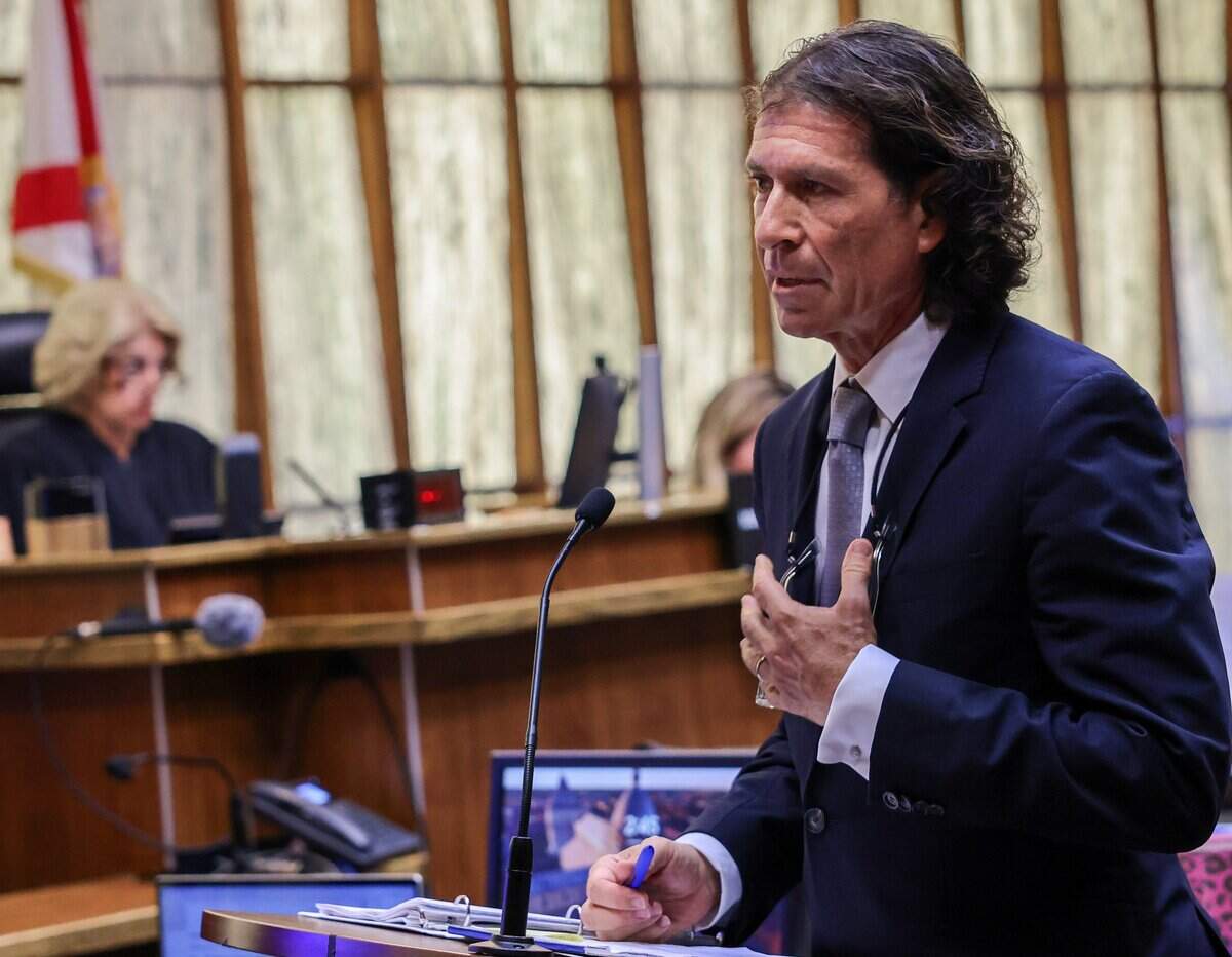 Defense attorney Howard Srebnick delivers an opening statement in the trial of George Pino, who is charged in connection to the crash that killed 17-year-old Lucy Fernandez. Pino’s trial began on Monday, June 8, 2026.