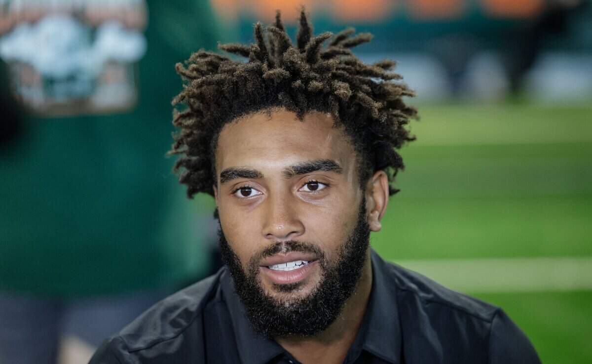 Miami Hurricanes defensive lineman Damon Wilson II speaks to reporters during UM’s football media day on campus at the Carol Soffer Indoor Practice Facility in Coral Gables, Florida, on Monday, August 3, 2026.