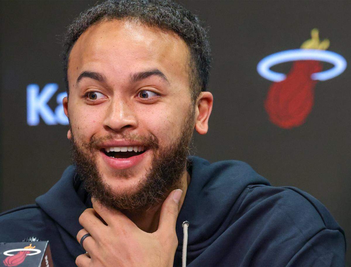 Miami Heat forward Kyle Anderson makes his first public statement as a Heat player during his&nbsp;introductory press conference at Kaseya Center in Miami, Florida, on Sunday, Feb. 9, 2025.