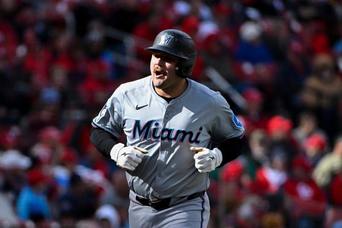 Apr 4, 2024; St. Louis, Missouri, USA; Miami Marlins third baseman Jake Burger (36) reacts after hitting a solo home run against the St. Louis Cardinals during the fifth inning at Busch Stadium. Mandatory Credit: Jeff Curry-USA TODAY Sports