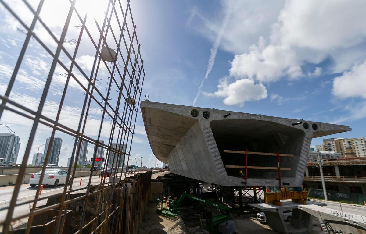 A segmental bridge is being installed during the I-395 construction project taking place near downtown Miami and Overtown on Tuesday, June 8, 2021.