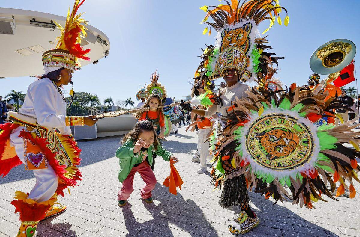 A Bahamian Junkanoo band during performs during a Miami Hurricanes pep rally at the University of Miami in Coral Gables, Florida, on Friday, Jan. 16, 2026.