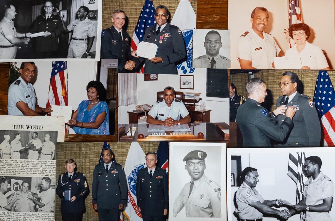 A collage of photos of David Lawrence Adderley’s 27-year military career with the U.S. Army is seen at his home in Miami-Dade on Thursday, Aug. 29, 2024.