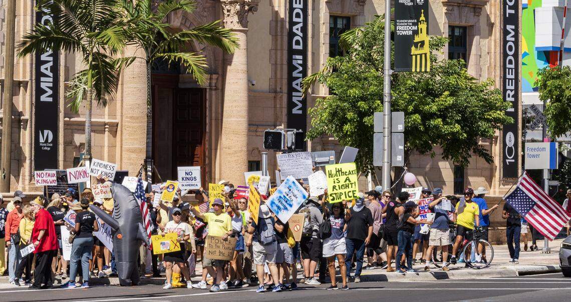 Protesters marched from the Torch of Friendship to the Freedom Tower, on Biscayne Boulevard in downtown Miami during the ‘No Kings’ anti-Trump protest.
