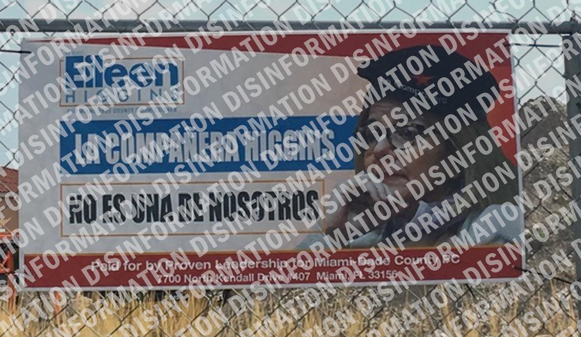 This campaign sign uses a doctored Miami Herald photograph of Miami-Dade County Commissioner Eileen Higgins.