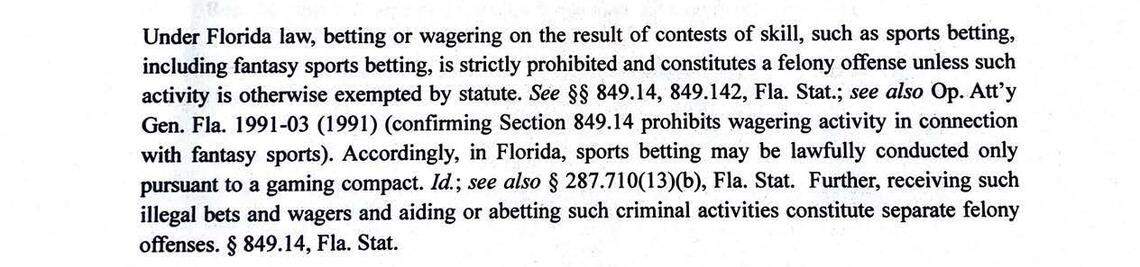 The paragraph from Louis Trombetta’s identical cease and desist letters sent to Betr, Underdog and PrizePicks that states all fantasy sports betting is illegal in Florida outside the gaming compact.