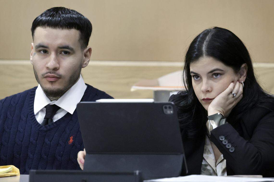 Jason Banegas and his attorney Lien Lafargue watch the proceedings during his sentencing trial before Judge Ernest Kollra on Tuesday, Dec. 2, 2025. Banegas pleaded guilty in October to the 2021 shooting death of Hollywood Police Officer Yandy Chirino. (Mike Stocker/South Florida Sun Sentinel)