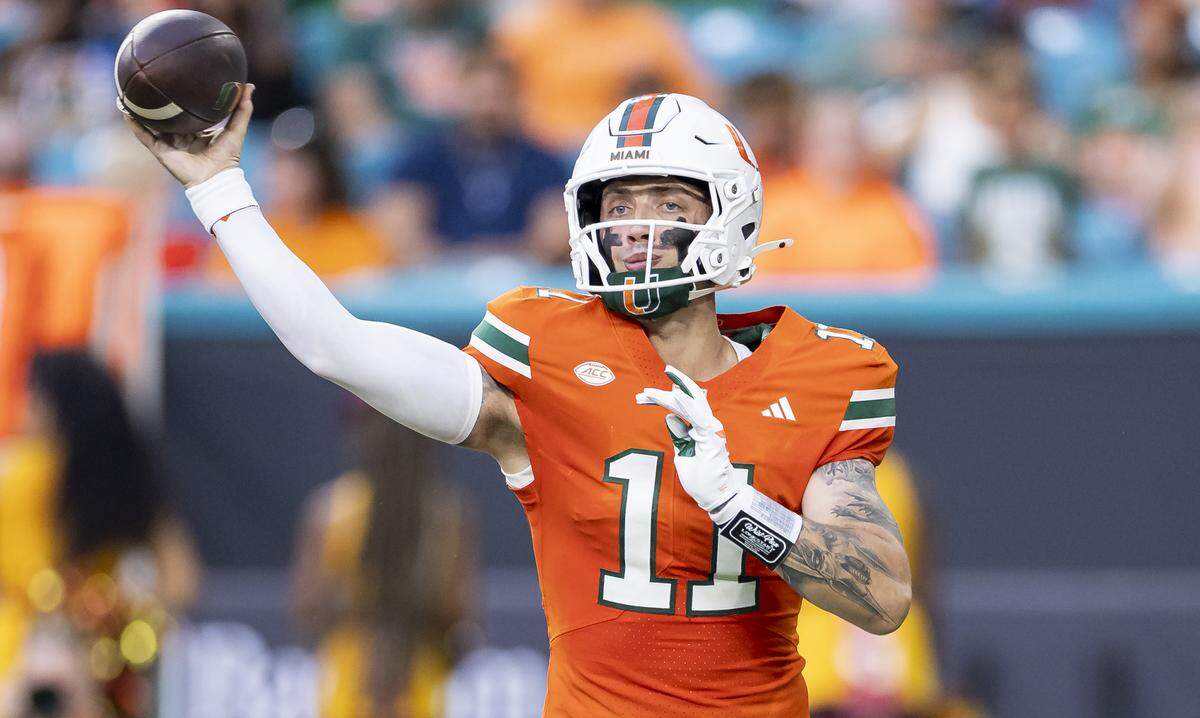 Miami Hurricanes quarterback Carson Beck (11) throws the ball in the first half of his NCAA football game against Bethune-Cookman Wildcats at Hard Rock Stadium on Saturday, Sept. 6, 2025, in Miami Gardens, Fla.