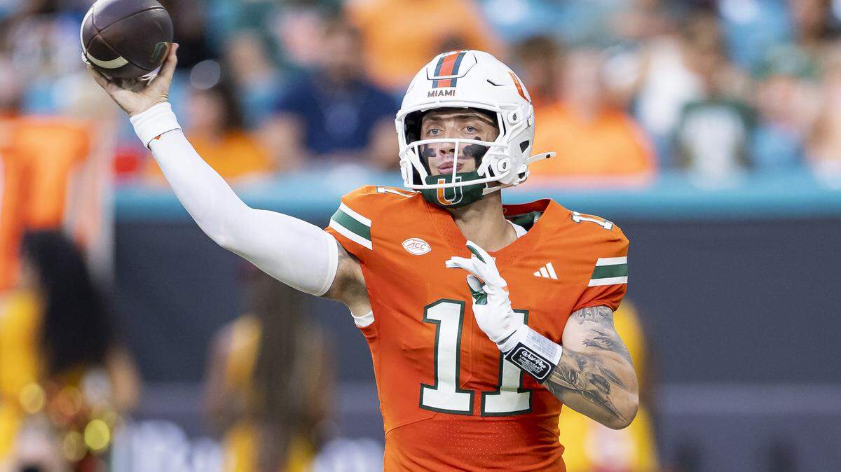 Miami Hurricanes quarterback Carson Beck (11) throws the ball in the first half of his NCAA football game against Bethune-Cookman Wildcats at Hard Rock Stadium on Saturday, Sept. 6, 2025, in Miami Gardens, Fla.