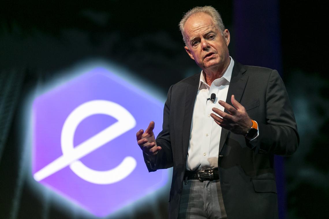 Manuel D. Medina speaks on the main stage of his technology conference, eMerge Americas, inside the Miami Beach Convention Center in Miami Beach, Florida on Monday, April 29, 2019. Medina is the founder of eMerge Americas.