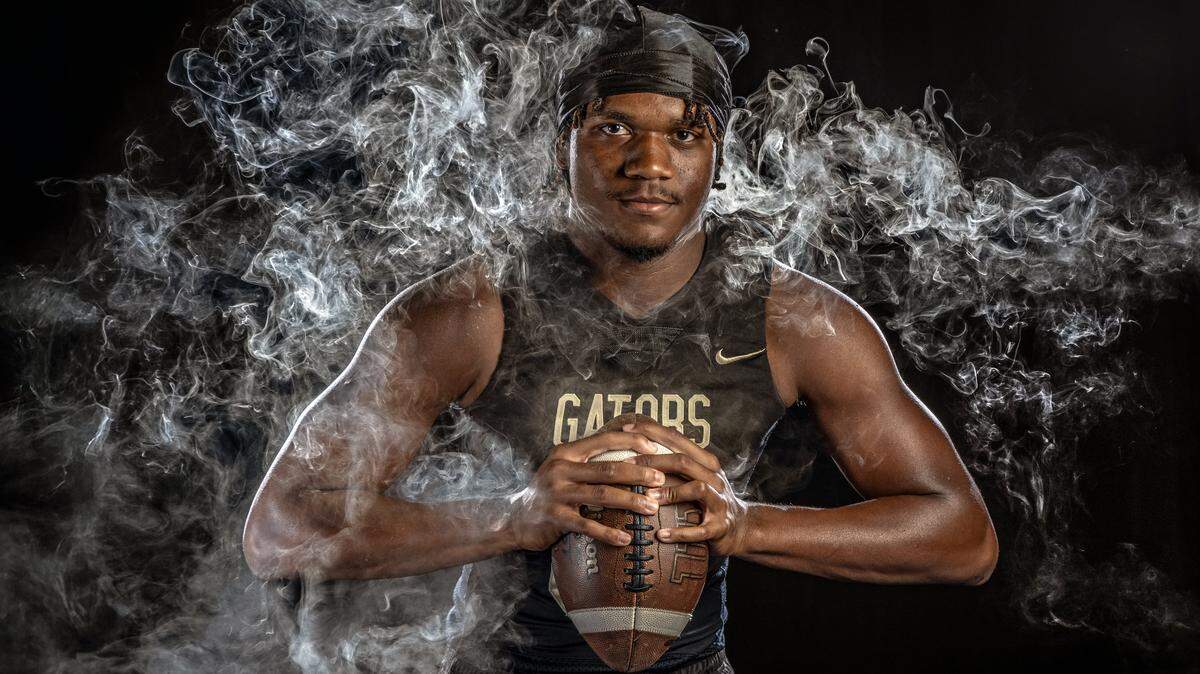 Barbara Goleman Senior High Gators safty Darryl Bell strikes a pose during High School Football Media Day in Deerfield Beach, Florida on Saturday, August 2, 2025.