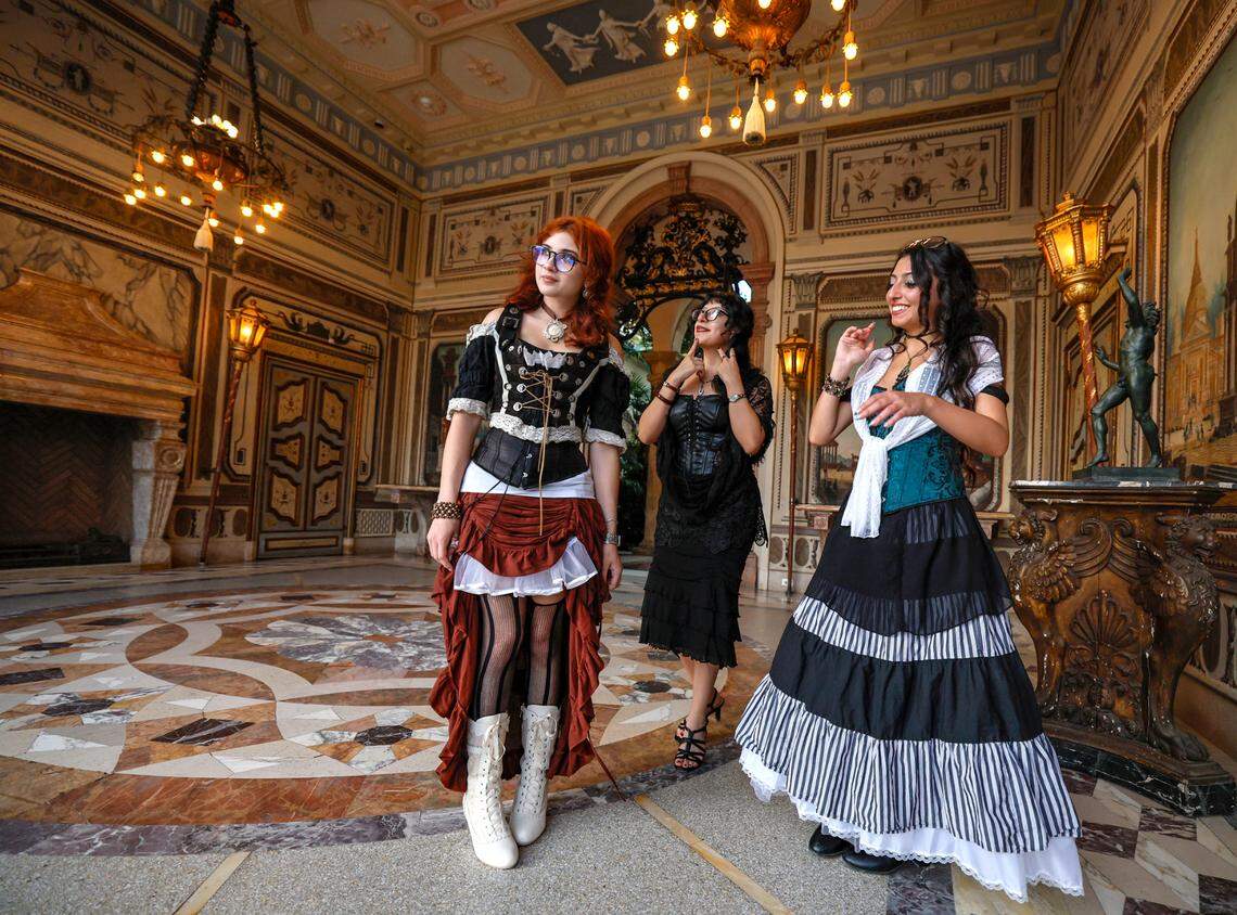 Students, Evelyn Ventura, 18, Abigail Chico, 18 and Michelle Vega, 18, seen left to right, arrive for Safe Schools South Florida’s prom for queer youth. The event provided students with the full prom experience in a welcoming and affirming space at the Vizcaya Museum and Gardens in Miami, Florida, on Saturday, May 31, 2025. They are graduates of Felix Varela High School.
