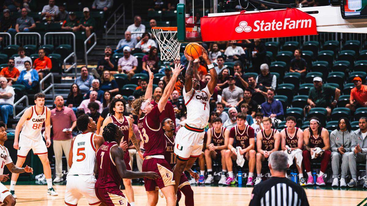 Freshman Shelton Henderson had 18 points for the University of Miami in a 99-72 home win over Elon at the Watsco Center of Nov. 20, 2025.