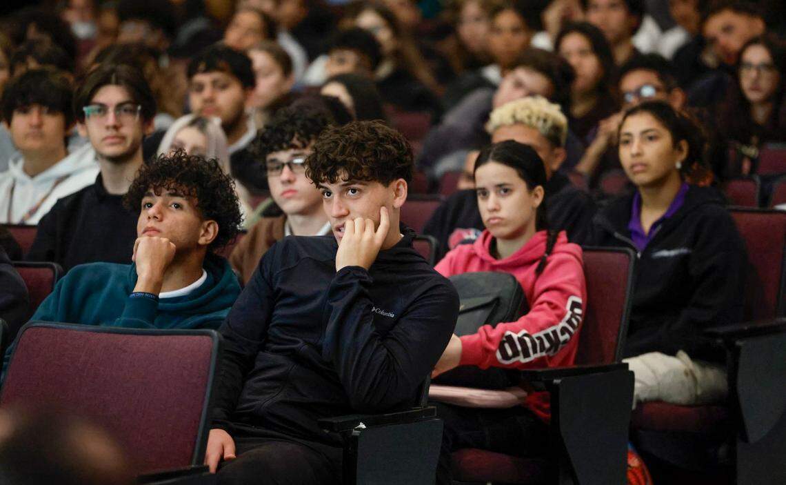 Southwest Miami Senior High School seniors listen to presentations during the Shannon Melendi 30th Commemorative Senior Safety Assembly at the school in Miami, Florida on Tuesday, March 19, 2024.