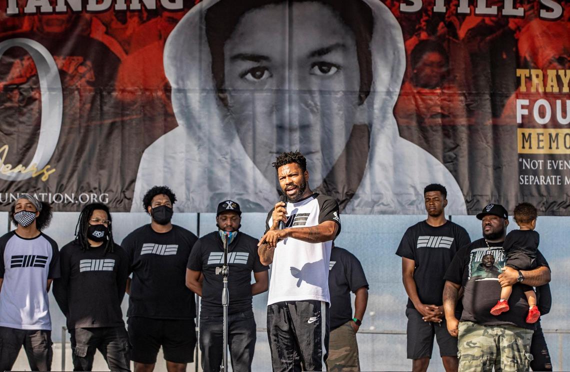 Phil Agnew, co-founder of Black Men Build, speaks during the annual Trayvon Martin Foundation Peace Walk and Peace Talk at Ives Estate Park in Miami Gardens on February 05, 2022. Local elected officials and artists attended the event to remember and celebrate Trayvon’s birthday 10 years after his death.