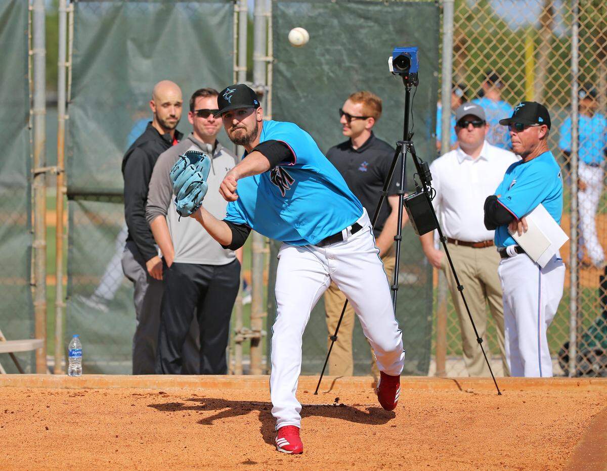 Miami Marlins pitcher Caleb Smith (31) pitches during the first full-squad spring training workout on Monday, February 18, 2019 in Jupiter, FL.