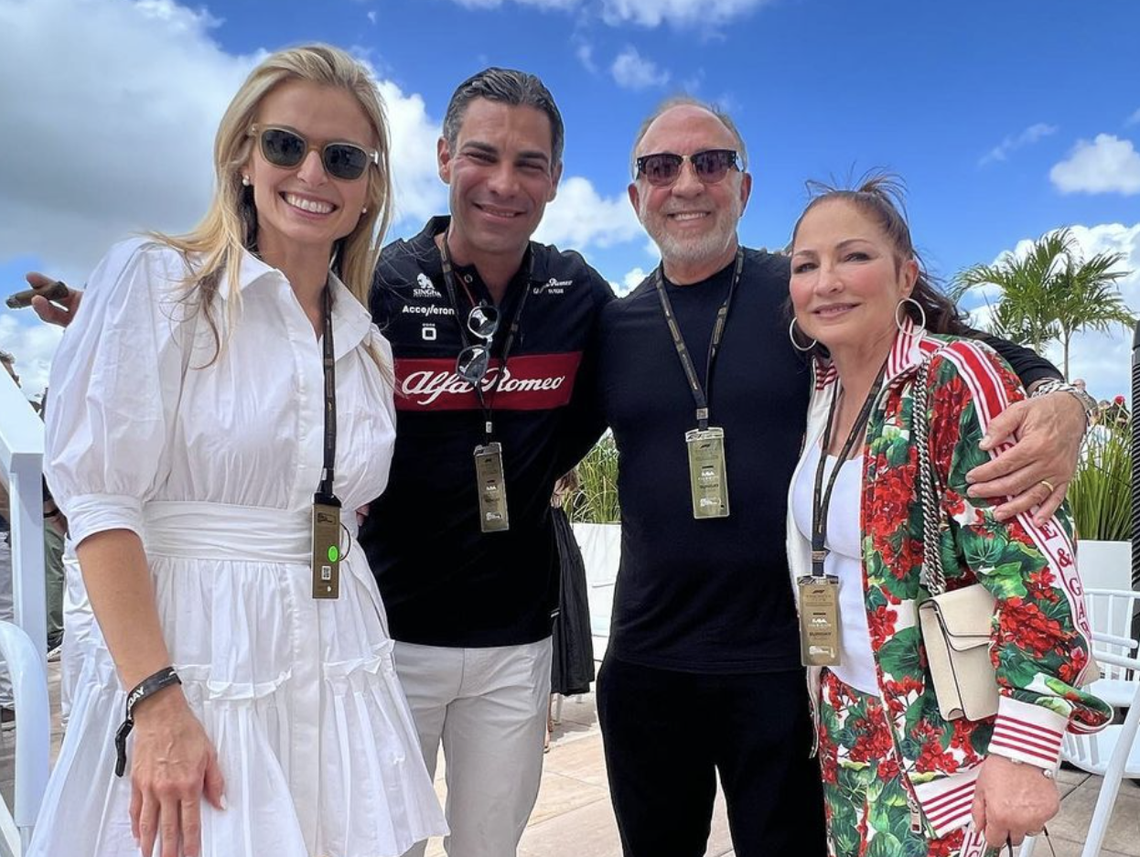 From left to right Gloria Suarez, Miami Mayor Francis Suarez, Emelio Estefan and Gloria Estefan pose together during the Sunday Formula One races.