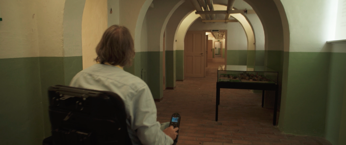 David Mitchell wanders down the hall at the Bernburg T4 memorial.