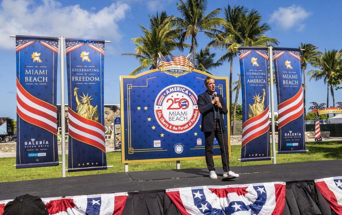 Miami Beach Mayor Steven Meiner speaks during the unveiling “ceremony of the Miami Beach FREEDOM" outdoor exhibition on Thursday May 21 at Galería Ocean Drive in Lummus Park (between 11th and 12th Streets) to commemorate America's 250th anniversary. The exhibit features 34 weatherproof panels honoring American icons and runs through July 15, 2026.