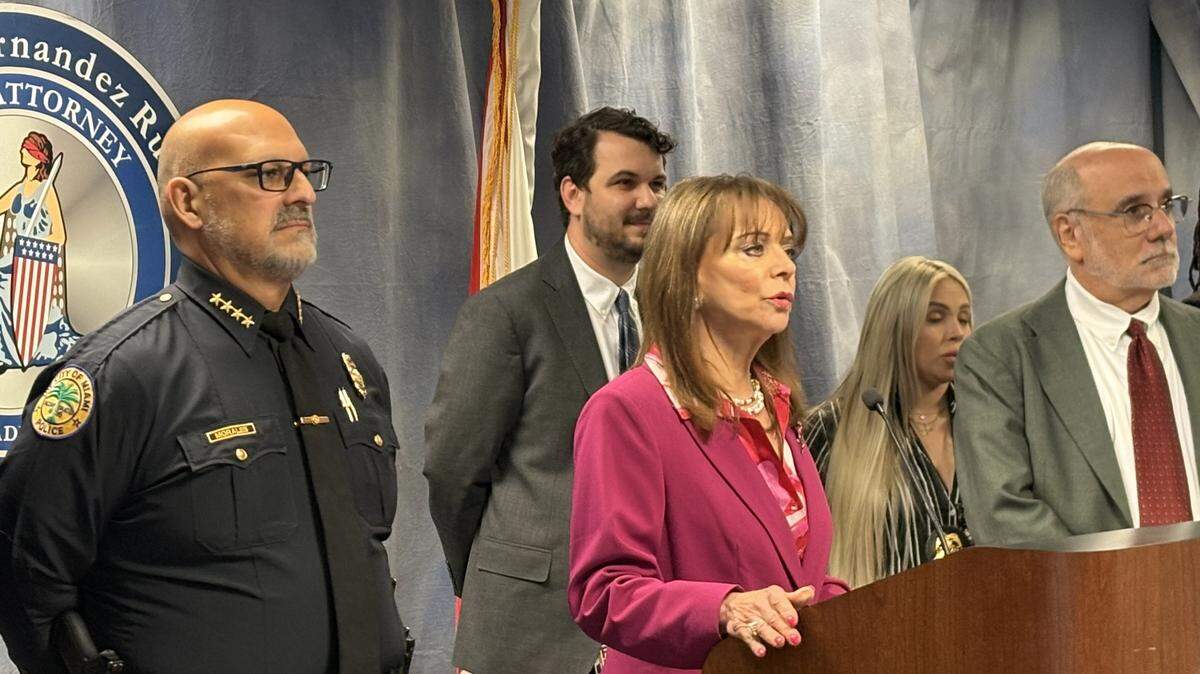 Miami-Dade State Attorney Katherine Fernandez Rundle and Miami Police Chief Manuel A. Morales, left, hold a press conference on Tuesday, April 14, 2026, to announce criminal charges against the former interim executive director of the Wynwood Business Improvement District.