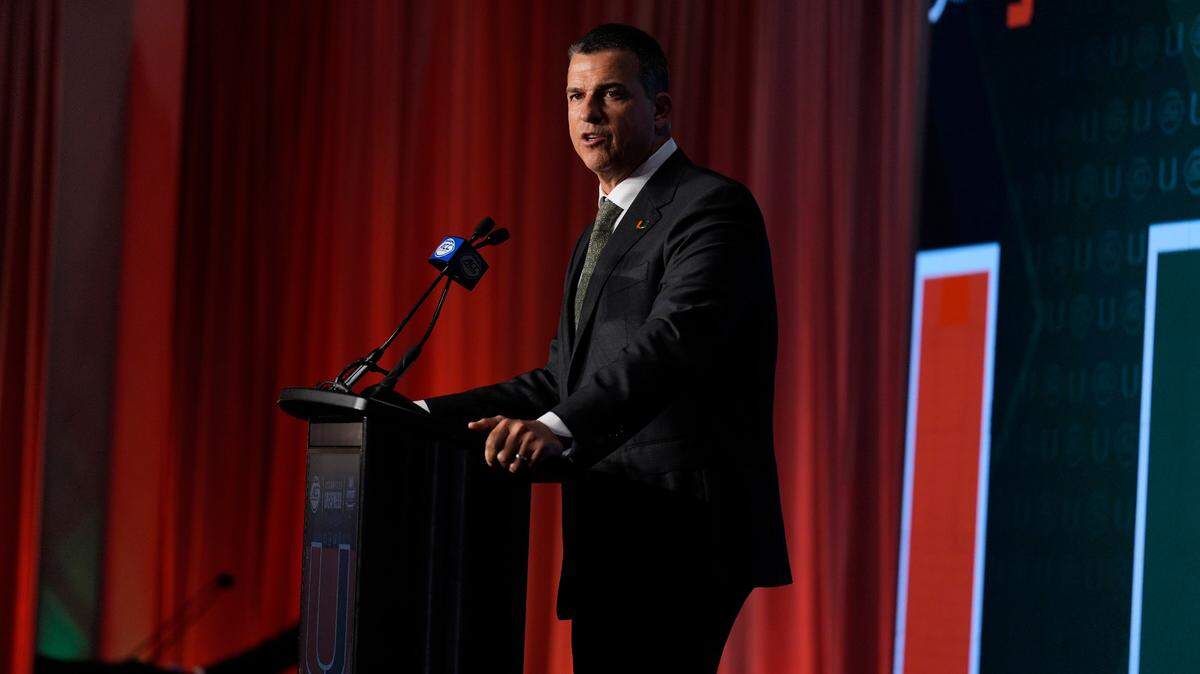 Jul 24, 2024; Charlotte, NC, USA; Miami Hurricanes head coach Mario Cristobal speaks to the media during the ACC Kickoff at Hilton Charlotte Uptown.