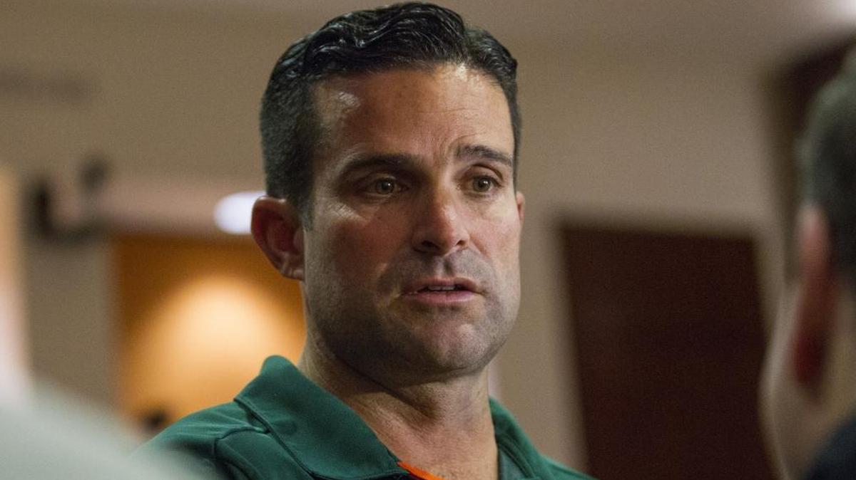 Miami Hurricanes defensive coordinator Manny Diaz speaks to journalists on National Signing Day at the University of Miami’s Schwartz Center in February.