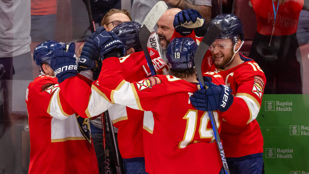 Florida Panthers left wing Matthew Tkachuk (19) and Panthers center Aleksander Barkov (16) celebrate after teammates after their team’s win against the New York Rangers in Game 6 during the Eastern Conference finals of the NHL hockey Stanley Cup playoffs at the Amerant Bank Arena on Saturday, June 1, 2024, in Sunrise, Fla.